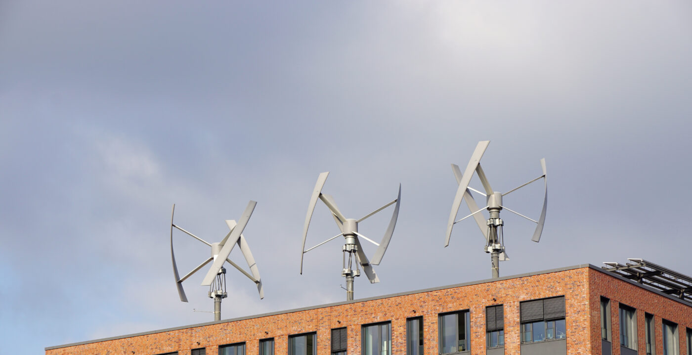 Wind turbines on top of a warehouse building